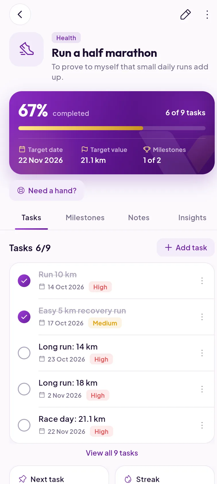 VRIK goal screen with a checklist of tasks and a progress percentage