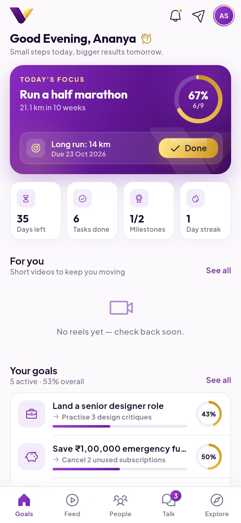 VRIK home screen with the focus goal and day streak