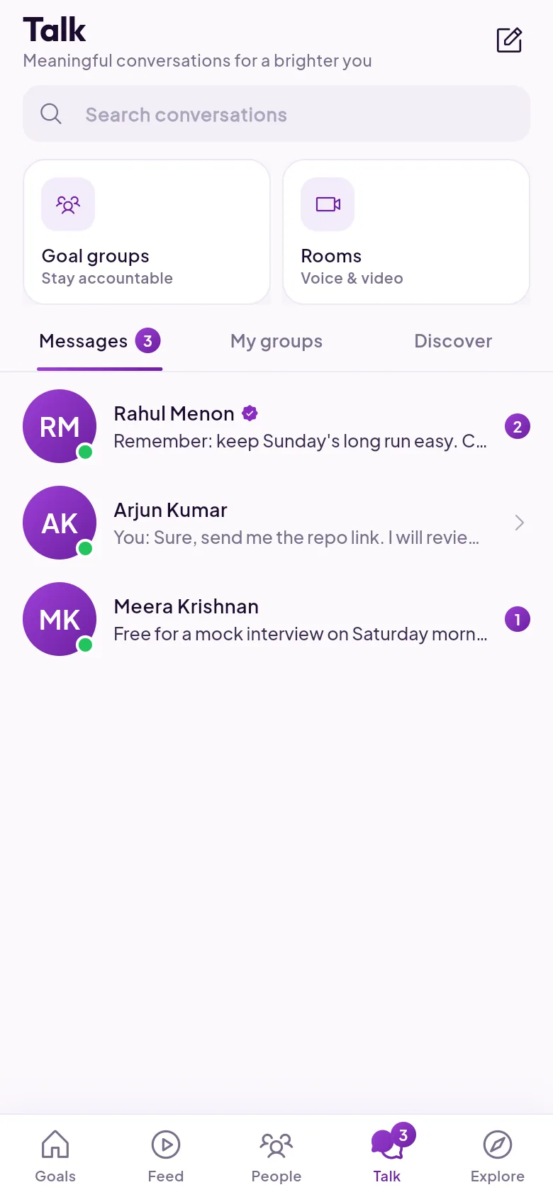 VRIK Talk screen with messages, goal groups and rooms